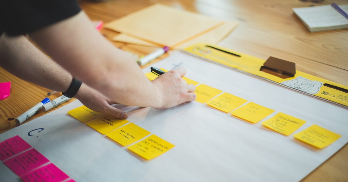 Woman putting sticky note