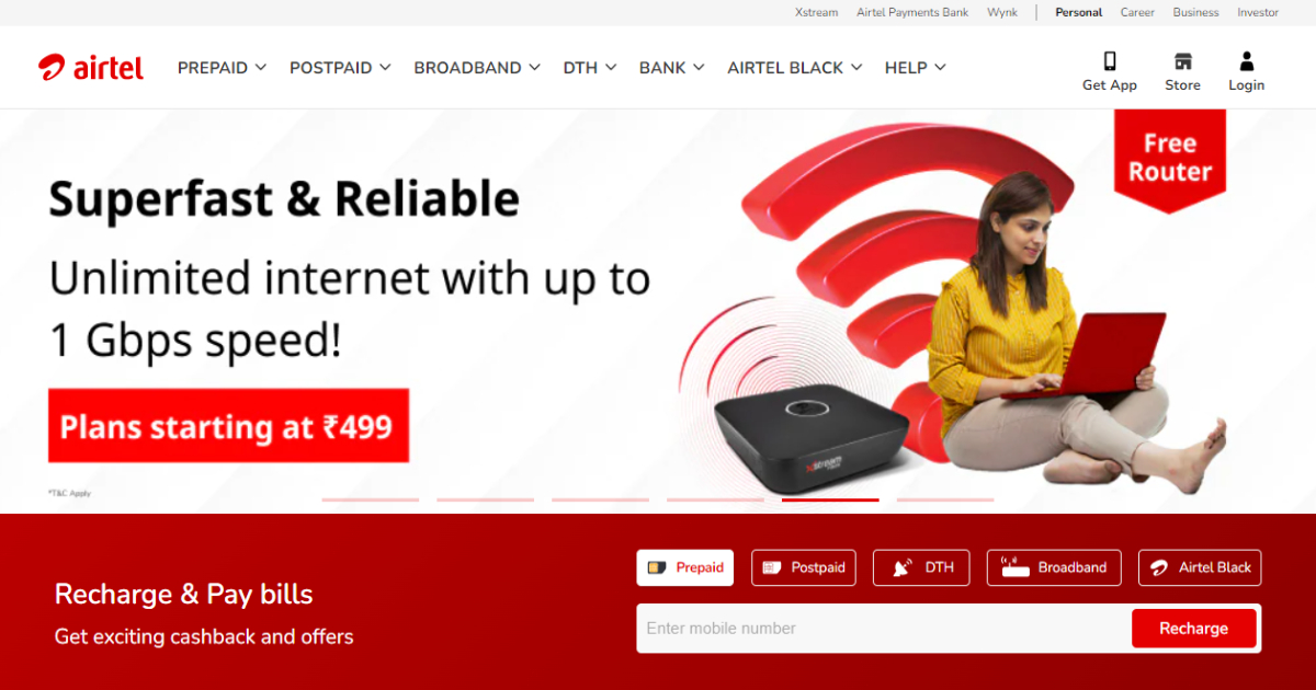 Airtel landing page