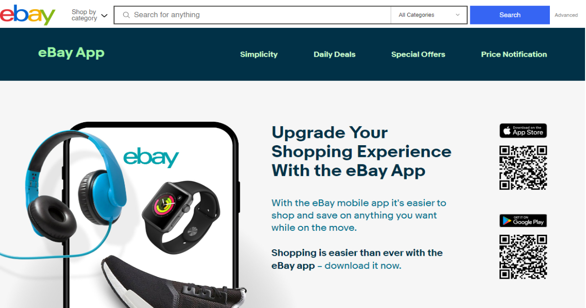 eBay app landing page