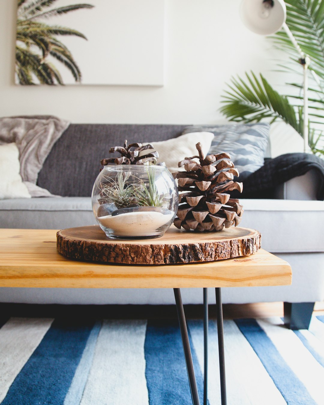clear fishbowl beside pine cones on brown wooden table remote work, home office, interview setup