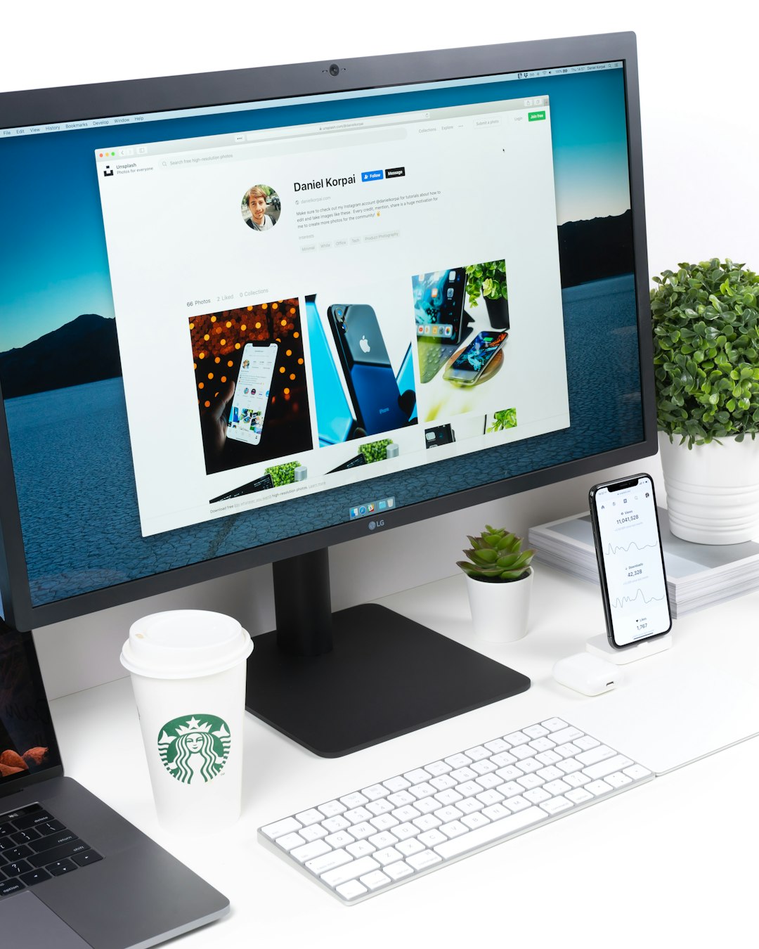 turned on computer monito beside indoor plant online store, homepage layout, ecommerce website