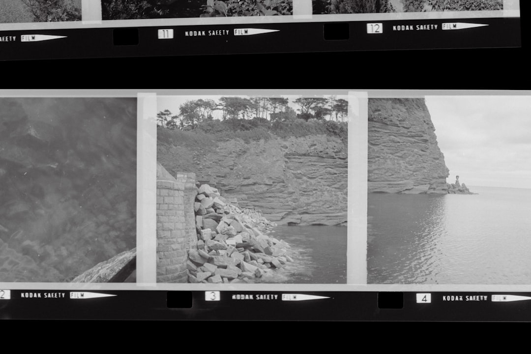 Film strip showing coastal cliffs and sea. photoshop presets panel loading brush action
