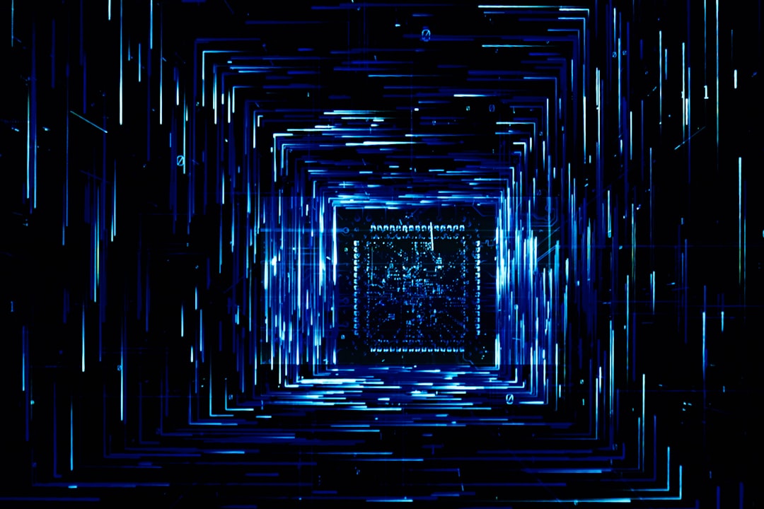 a very dark room with a very large square in the center dimensional portal, abstract space, quantum matrix